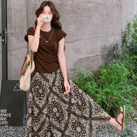 轻熟风美拉德咖色T恤印花半身裙套装女夏季复古温柔风两件套  服裝批發女裝批發服飾貨源