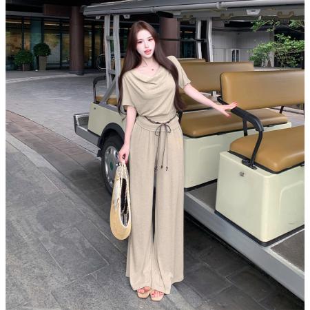 韩系慵懒风小个子夏设计感显瘦荡领上衣显高阔腿裤休闲百搭三件套  服裝批發女裝批發服飾貨源