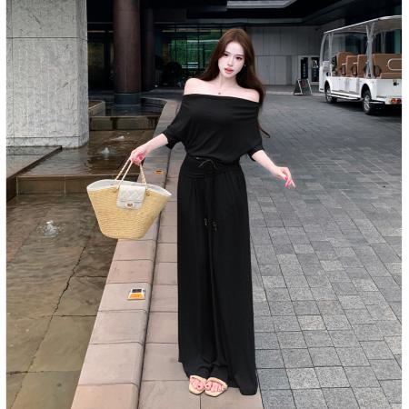 韩系慵懒风小个子夏设计感显瘦荡领上衣显高阔腿裤休闲百搭三件套  服裝批發女裝批發服飾貨源