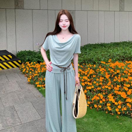 韩系慵懒风小个子夏设计感显瘦荡领上衣显高阔腿裤休闲百搭三件套  服裝批發女裝批發服飾貨源