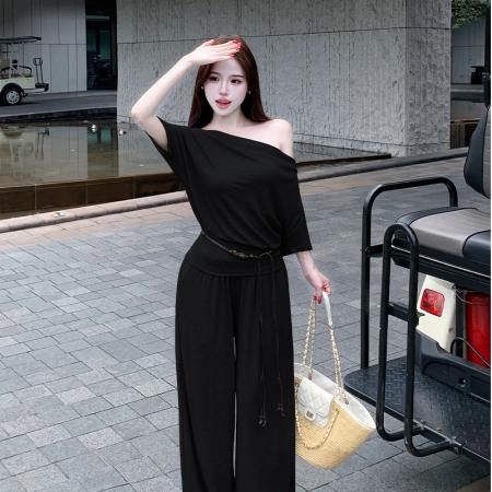 韩系慵懒风小个子夏设计感显瘦荡领上衣显高阔腿裤休闲百搭三件套  服裝批發女裝批發服飾貨源