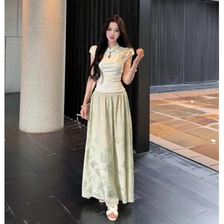 新中式立领抽褶收腰上衣女提花垂感半身裙时尚两件套温柔风夏气质  服裝批發女裝批發服飾貨源