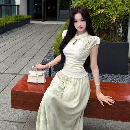 新中式立领抽褶收腰上衣女提花垂感半身裙时尚两件套温柔风夏气质  服裝批發女裝批發服飾貨源
