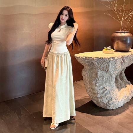 新中式立领抽褶收腰上衣女提花垂感半身裙时尚两件套温柔风夏气质  服裝批發女裝批發服飾貨源