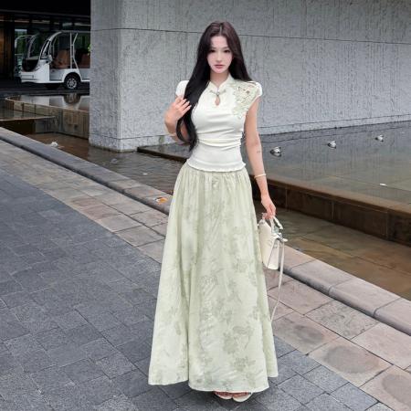 新中式立领抽褶收腰上衣女提花垂感半身裙时尚两件套温柔风夏气质  服裝批發女裝批發服飾貨源