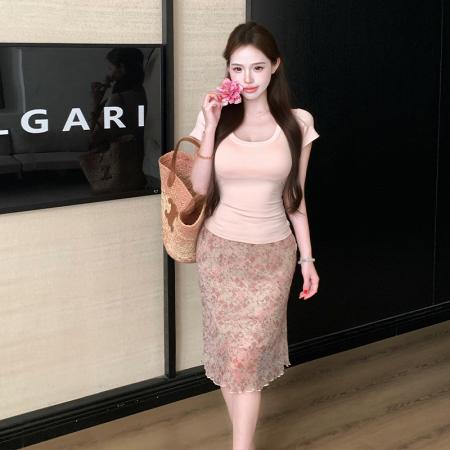 夏季新款纯欲风百搭U领针织短袖上衣T恤粉色碎花半身裙女两件套  服裝批發女裝批發服飾貨源
