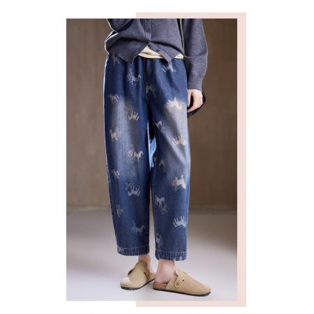 BY20429# 松紧腰哈伦印花大码牛仔裤春季时尚宽松阔腿百搭休闲裤  服裝批發女裝批發服飾貨源