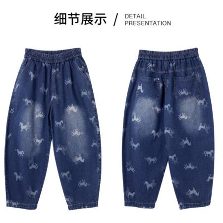 BY20429# 松紧腰哈伦印花大码牛仔裤春季时尚宽松阔腿百搭休闲裤  服裝批發女裝批發服飾貨源