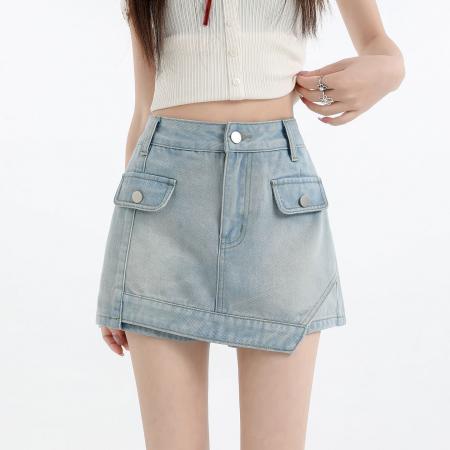 BY20432# 牛仔短裙女夏季新款防走光百搭带内衬工装显瘦包臀A字短裙裤裙  服裝批發女裝批發服飾貨源