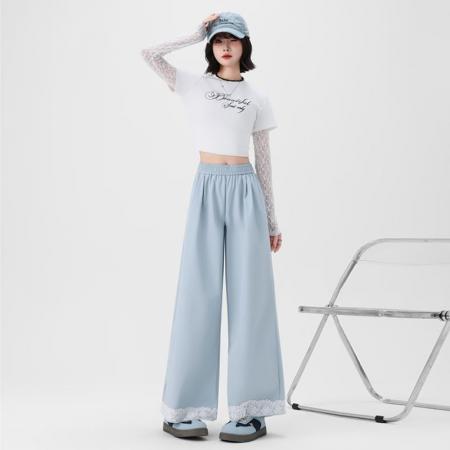 BY20434# 春夏新款休闲裤直筒裤雷丝花边凉爽休闲裤女  服裝批發女裝批發服飾貨源
