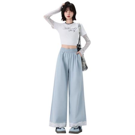 BY20434# 春夏新款休闲裤直筒裤雷丝花边凉爽休闲裤女  服裝批發女裝批發服飾貨源
