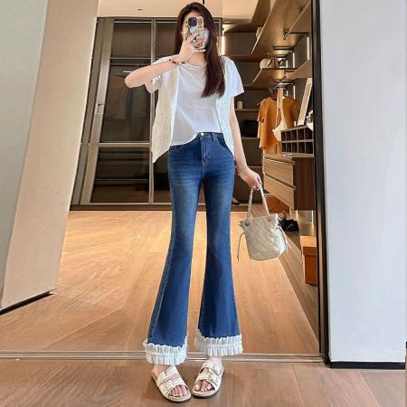 BY20435# 蕾丝拼接微喇牛仔裤女夏季薄款弹力九分喇叭裤  服裝批發女裝批發服飾貨源