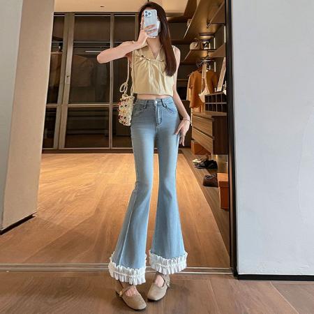 BY20435# 蕾丝拼接微喇牛仔裤女夏季薄款弹力九分喇叭裤  服裝批發女裝批發服飾貨源