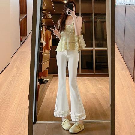 BY20435# 蕾丝拼接微喇牛仔裤女夏季薄款弹力九分喇叭裤  服裝批發女裝批發服飾貨源
