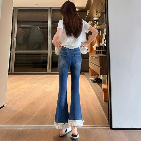 BY20435# 蕾丝拼接微喇牛仔裤女夏季薄款弹力九分喇叭裤  服裝批發女裝批發服飾貨源