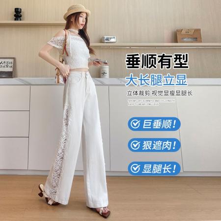 BY20439# 夏新款镂空蕾丝阔腿牛仔裤女  服裝批發女裝批發服飾貨源