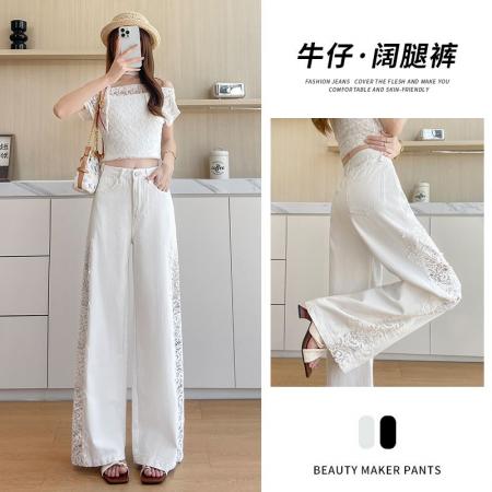 BY20439# 夏新款镂空蕾丝阔腿牛仔裤女  服裝批發女裝批發服飾貨源