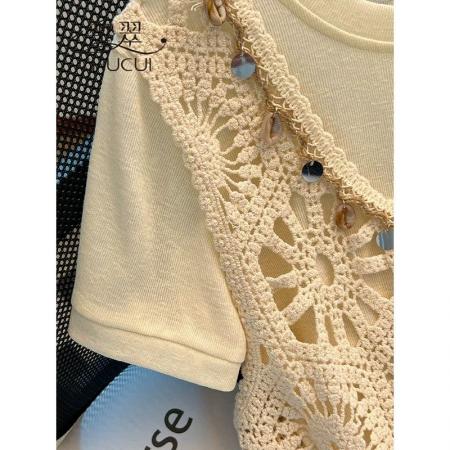 波西米亚短袖女夏季钩花镂空流苏外搭马甲针织背心女上衣  服裝批發女裝批發服飾貨源