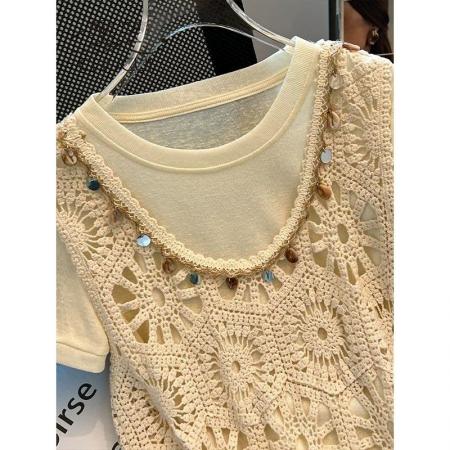 波西米亚短袖女夏季钩花镂空流苏外搭马甲针织背心女上衣  服裝批發女裝批發服飾貨源