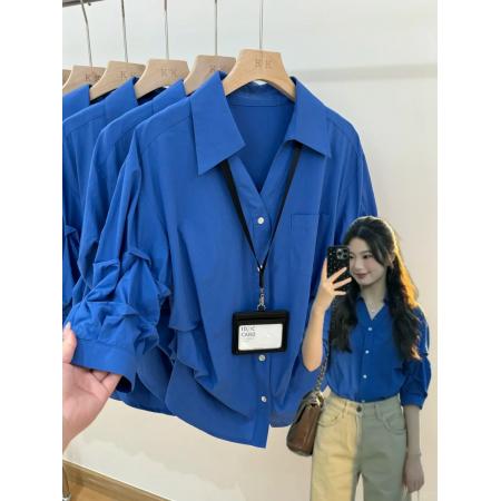 BY20447# 法式polo领克莱因蓝防晒衬衫女夏季五分袖小个子收腰衬衣上衣  服裝批發女裝批發服飾貨源
