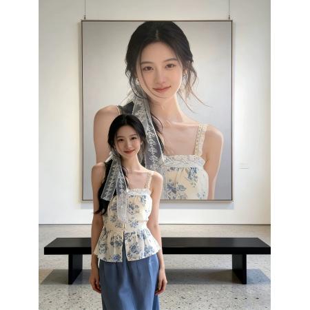 BY20450# 韩系碎花蕾丝拼接吊带背心女夏季海边度假风收腰显瘦独特绝美上衣  服裝批發女裝批發服飾貨源