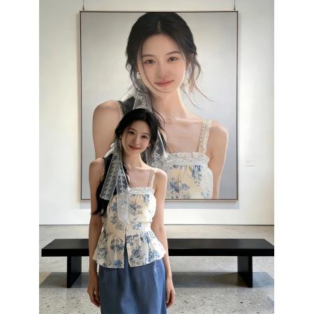 BY20450# 韩系碎花蕾丝拼接吊带背心女夏季海边度假风收腰显瘦独特绝美上衣  服裝批發女裝批發服飾貨源