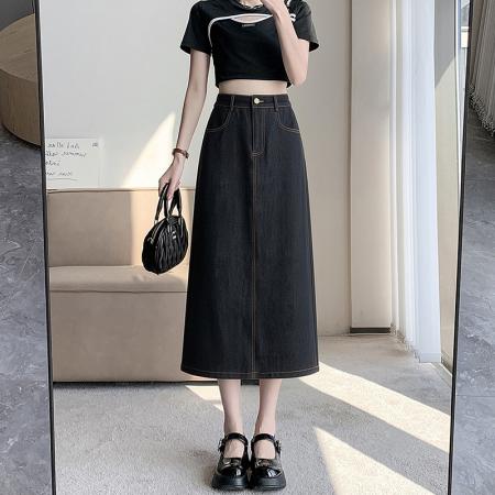 BY20455# 梨形身材开叉冰丝牛仔半身裙女夏薄款大码遮肉中长款天丝a字裙子  服裝批發女裝批發服飾貨源