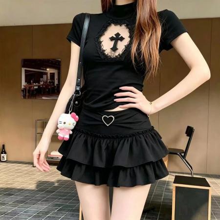 哥特风黑色蕾丝镂空十字架套装女暗黑少女风蓬蓬蛋糕裙时尚套装  服裝批發女裝批發服飾貨源