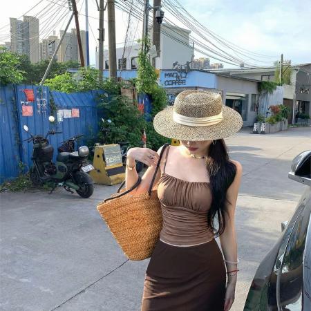 BY20469# 咖色褶皱性感露背吊带背心女夏季短款外穿辣妹风修身内搭  服裝批發女裝批發服飾貨源