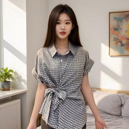 BY20470# 学院风格子绑带衬衫女夏季短袖收腰显瘦设计感小众Polo领  服裝批發女裝批發服飾貨源