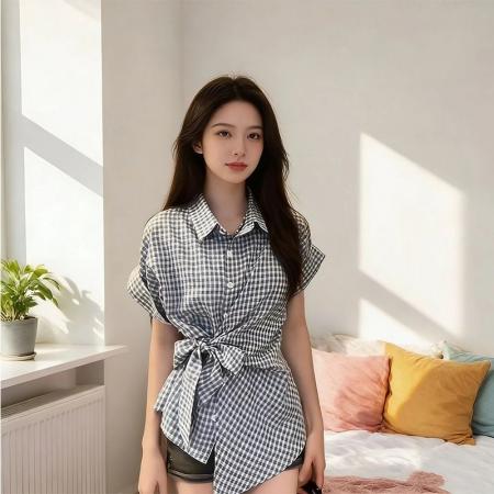BY20470# 学院风格子绑带衬衫女夏季短袖收腰显瘦设计感小众Polo领  服裝批發女裝批發服飾貨源