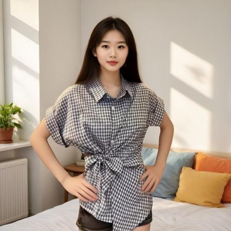 BY20470# 学院风格子绑带衬衫女夏季短袖收腰显瘦设计感小众Polo领  服裝批發女裝批發服飾貨源