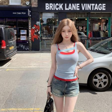 人棉+网纱辣妹撞色拼接吊带背心女夏季叠穿显瘦无袖上衣  服裝批發女裝批發服飾貨源