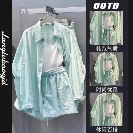 新款运动套装女春夏休闲时尚百搭度假绿色小清新衬衫短裤防晒  服裝批發女裝批發服飾貨源
