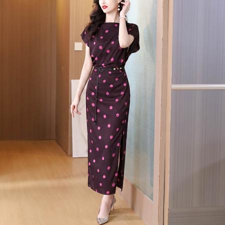 高级感设计师连衣裙黑白印花收腰系带一字领包臀长裙夏季  服裝批發女裝批發服飾貨源