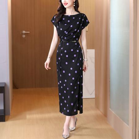 高级感设计师连衣裙黑白印花收腰系带一字领包臀长裙夏季  服裝批發女裝批發服飾貨源