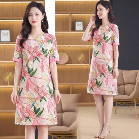高级感线条百合花夏季新款女装精棉重工订珠圆领短袖连衣裙  服裝批發女裝批發服飾貨源