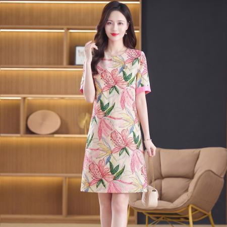高级感线条百合花夏季新款女装精棉重工订珠圆领短袖连衣裙  服裝批發女裝批發服飾貨源