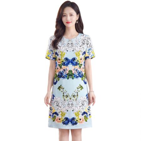 唯美风时尚蓝色玫瑰定位印花裙夏季女装高级感舒适钉珠连衣裙  服裝批發女裝批發服飾貨源