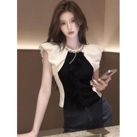 夏季新款时尚女装高级设计感撞色镶钻荷叶边短袖T恤显瘦上衣  服裝批發女裝批發服飾貨源