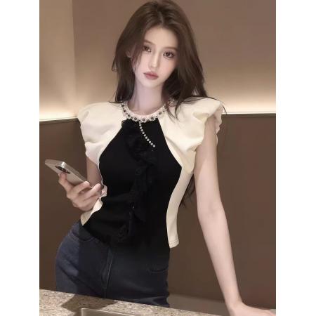 夏季新款时尚女装高级设计感撞色镶钻荷叶边短袖T恤显瘦上衣  服裝批發女裝批發服飾貨源