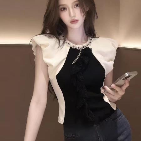 夏季新款时尚女装高级设计感撞色镶钻荷叶边短袖T恤显瘦上衣  服裝批發女裝批發服飾貨源