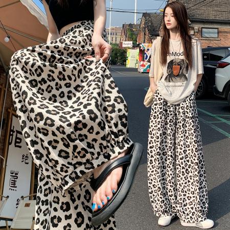 豹纹亚麻阔腿裤女夏季高腰显瘦休闲肌理感九分冰丝萝卜裤  服裝批發女裝批發服飾貨源