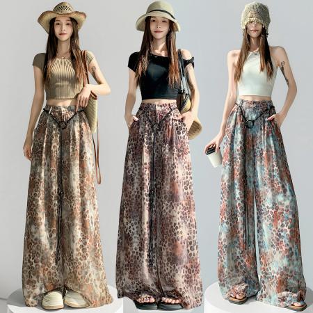 冰丝雪纺豹纹阔腿裤女夏季高腰显瘦西装裤休闲直筒防晒裤  服裝批發女裝批發服飾貨源