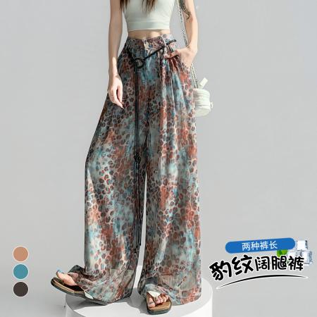 冰丝雪纺豹纹阔腿裤女夏季高腰显瘦西装裤休闲直筒防晒裤  服裝批發女裝批發服飾貨源
