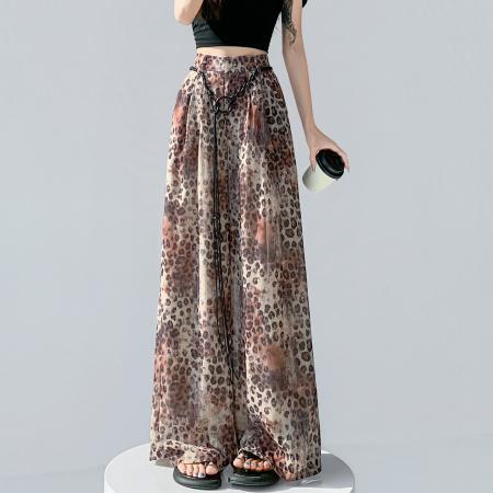冰丝雪纺豹纹阔腿裤女夏季高腰显瘦西装裤休闲直筒防晒裤  服裝批發女裝批發服飾貨源