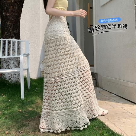 复古蕾丝镂空钩花半身裙女夏季新款显瘦高腰直筒a字长裙  服裝批發女裝批發服飾貨源