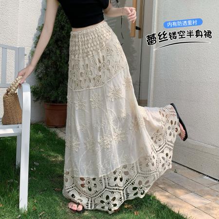重工镂空蕾丝提花半身裙女夏季新款显瘦高腰大摆a字长裙  服裝批發女裝批發服飾貨源