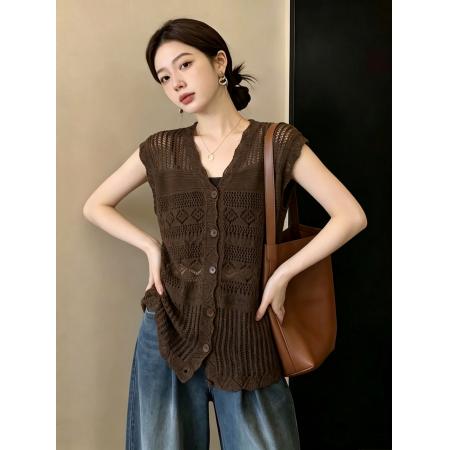 大码女装法式V领镂空显瘦针织衫无袖背心  服裝批發女裝批發服飾貨源