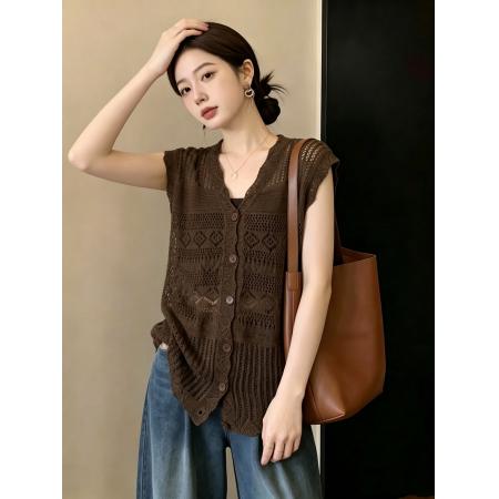 大码女装法式V领镂空显瘦针织衫无袖背心  服裝批發女裝批發服飾貨源